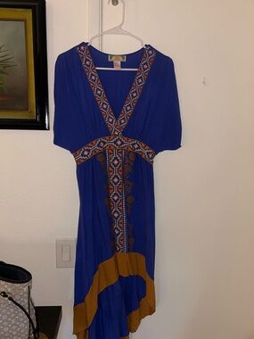 Flying Tomato Royal Blue V-Neck Embroidered High-Low Dress with Mustard Trim